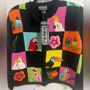 BEREK Vintage Parrot cockatoo Toucan Macaw Hibiscus Beads & Sequin sweater NWT